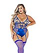 Plus Size Floral Embroidery Garter Teddy - Blue