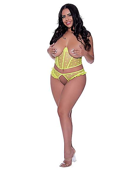 Plus Size Cupless Bustier and Open Crotch Panties Set - Spencer's