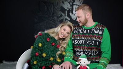 Tinsel Christmas Tree Ashley Alexiss Ugly Christmas Sweater and husband Travis Yohe