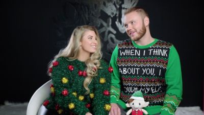 Tinsel Christmas Tree Ashley Alexiss Ugly Christmas Sweater and husband Travis Yohe