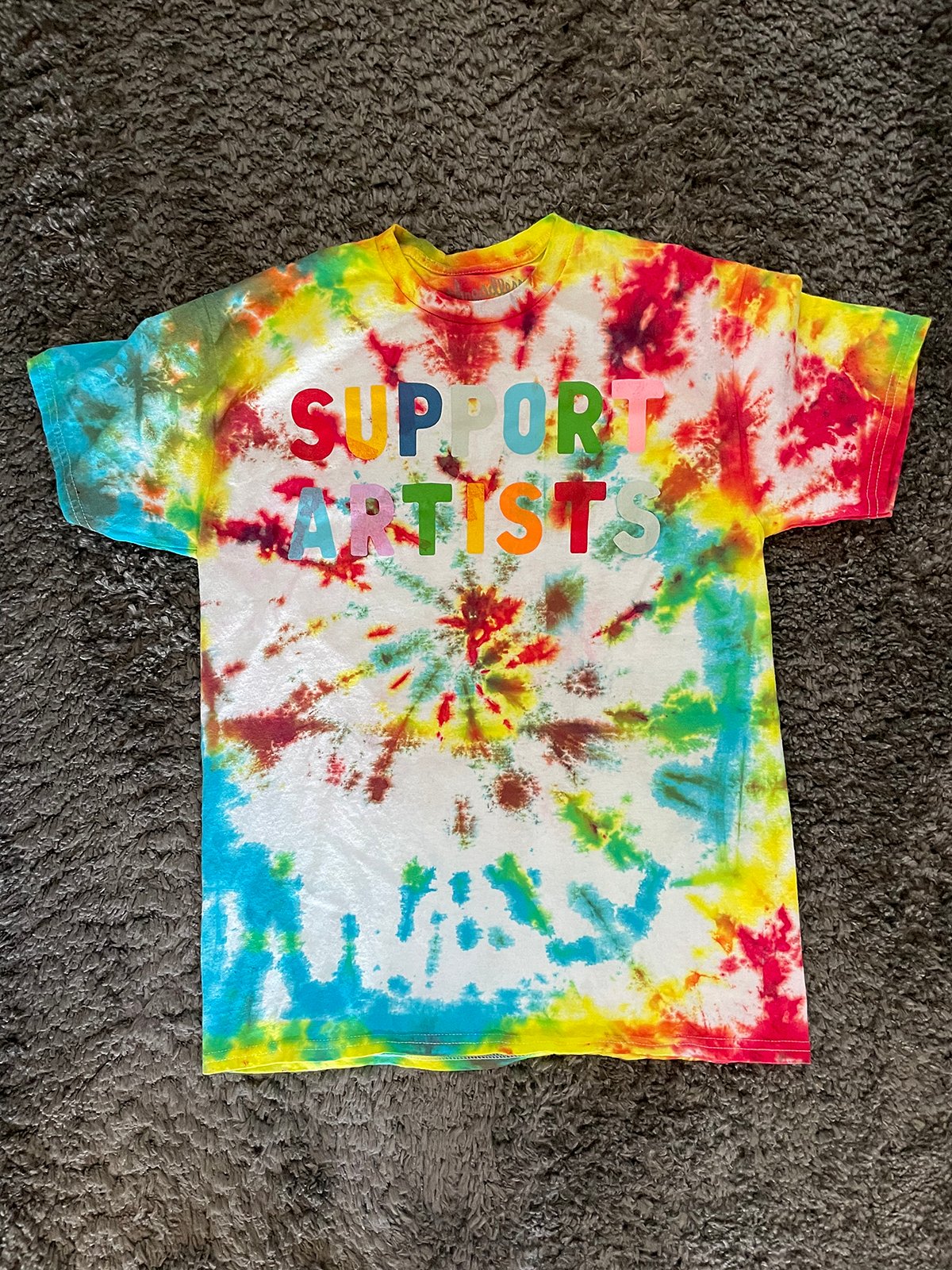 Completed DIY spiral tie dye t shirt