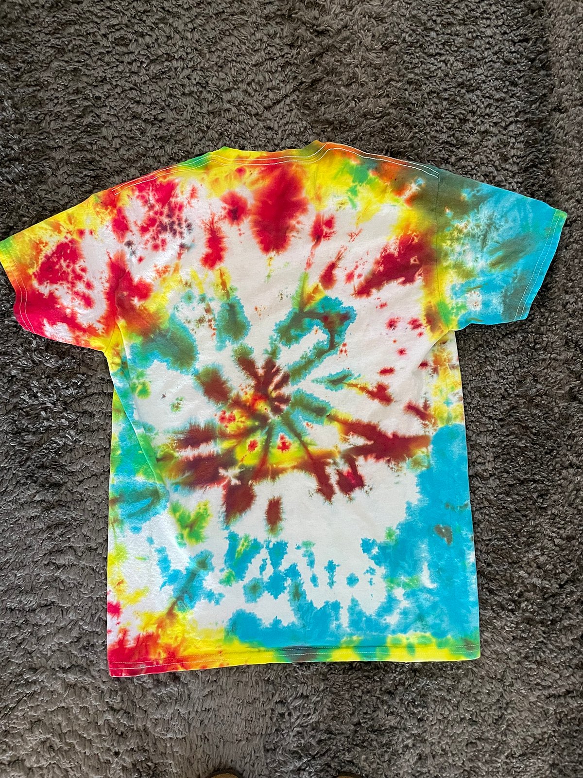 Completed DIY spiral tie dye t shirt